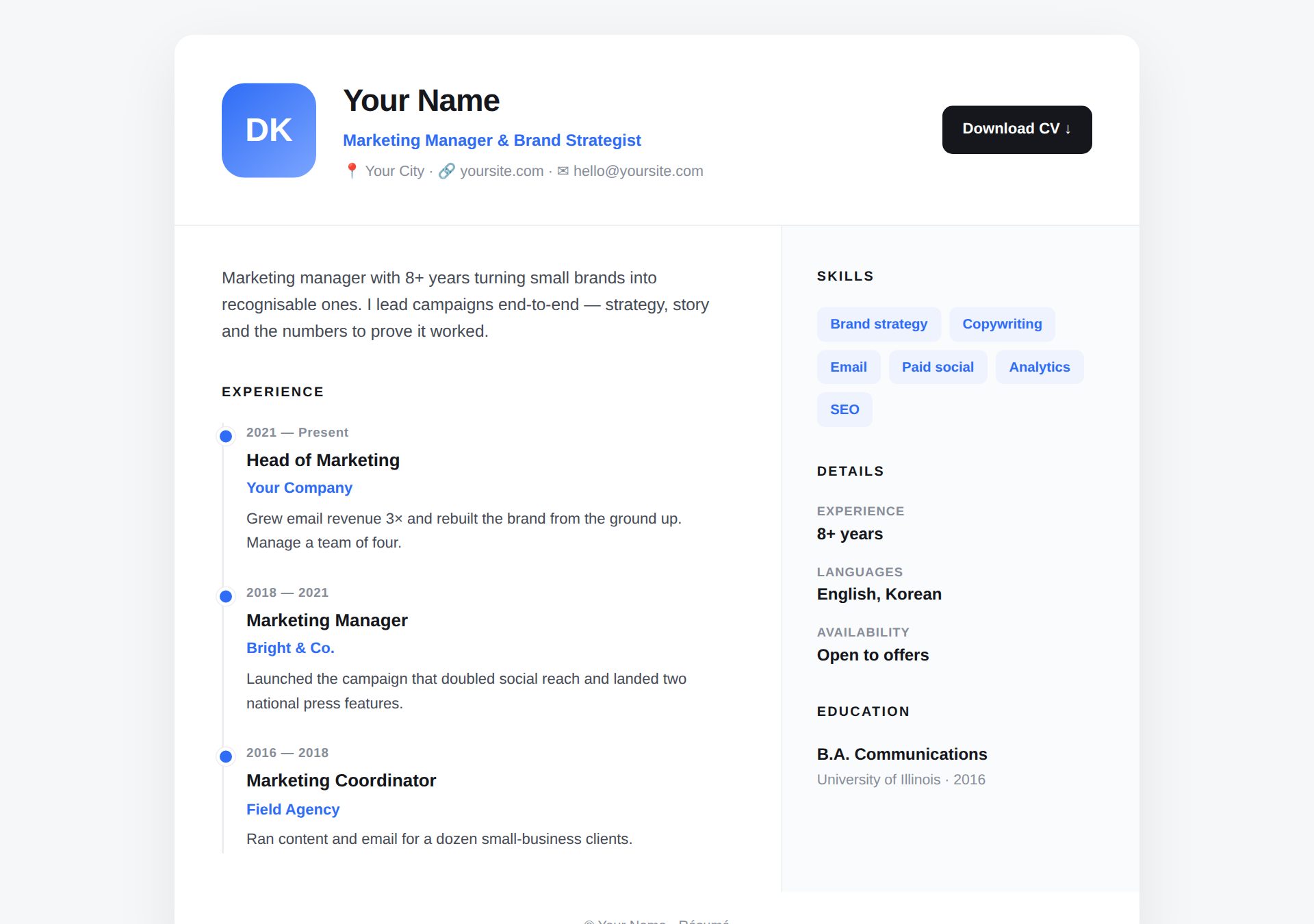 Vitae CV / résumé template preview